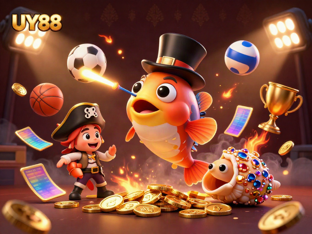 Experience the vibrant thrill of UY88 through a captivating 3D casino scene featuring sparkling treasures.