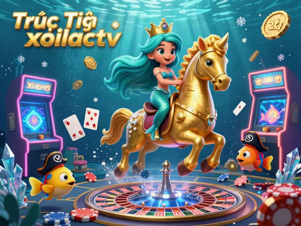 Experience the excitement of Trực Tiếp xoilactv with a whimsical scene featuring a mermaid, seahorse, and vibrant gaming elements.