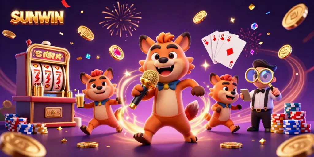 SUNWIN hyenas entertain in a vibrant casino scene with gold coins and slot machines