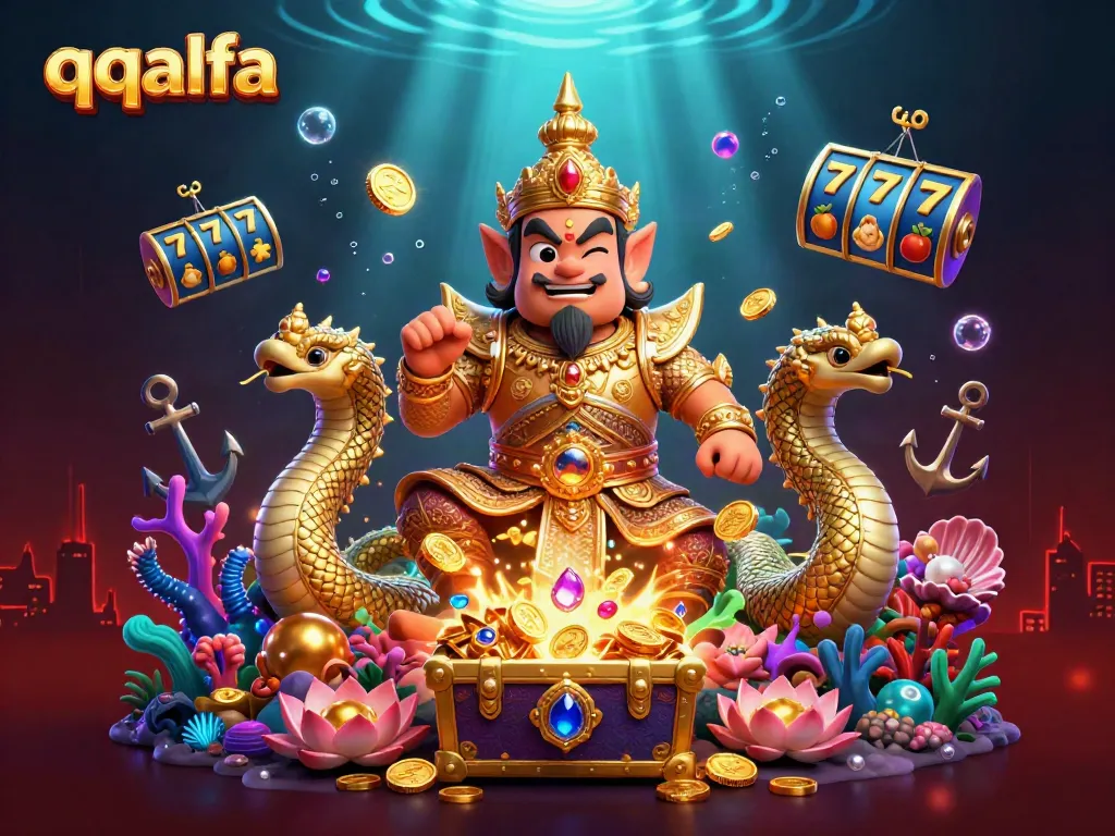 Melihat slot qqalfa dengan penjaga kuil yang mengesankan dikelilingi harta dan simbol permainan.