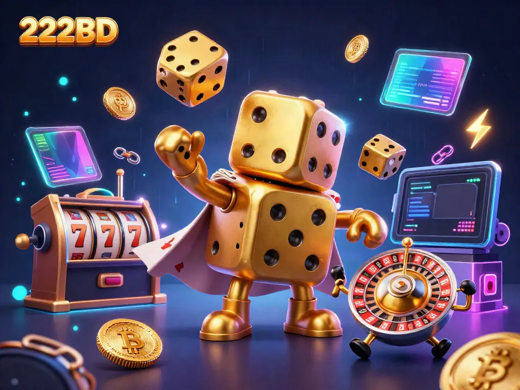 Engage in thrilling gameplay with 222BD featuring golden dice, slot reels, and vibrant crypto elements.