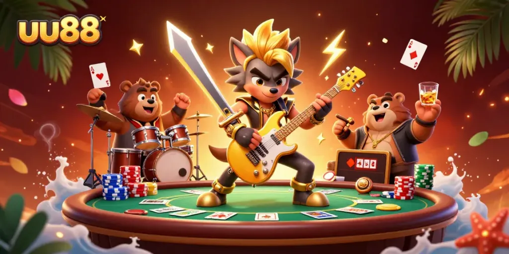 Experience thrills at uu88 with a rock star wolf and drummer bear in a vibrant casino scene.