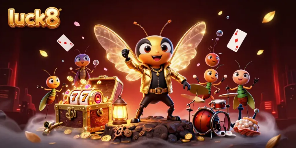 Experience thrilling gameplay at luck8 with a vibrant 3D illustration of a rock star cicada, casino elements, and dynamic energy