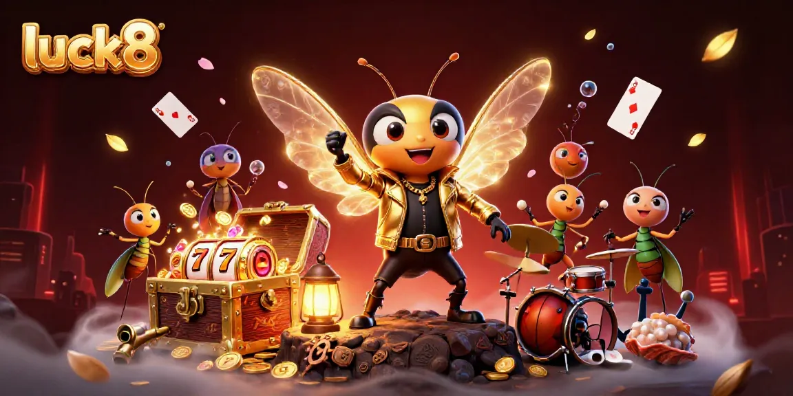 Experience thrilling gameplay at luck8 with a vibrant 3D illustration of a rock star cicada, casino elements, and dynamic energy