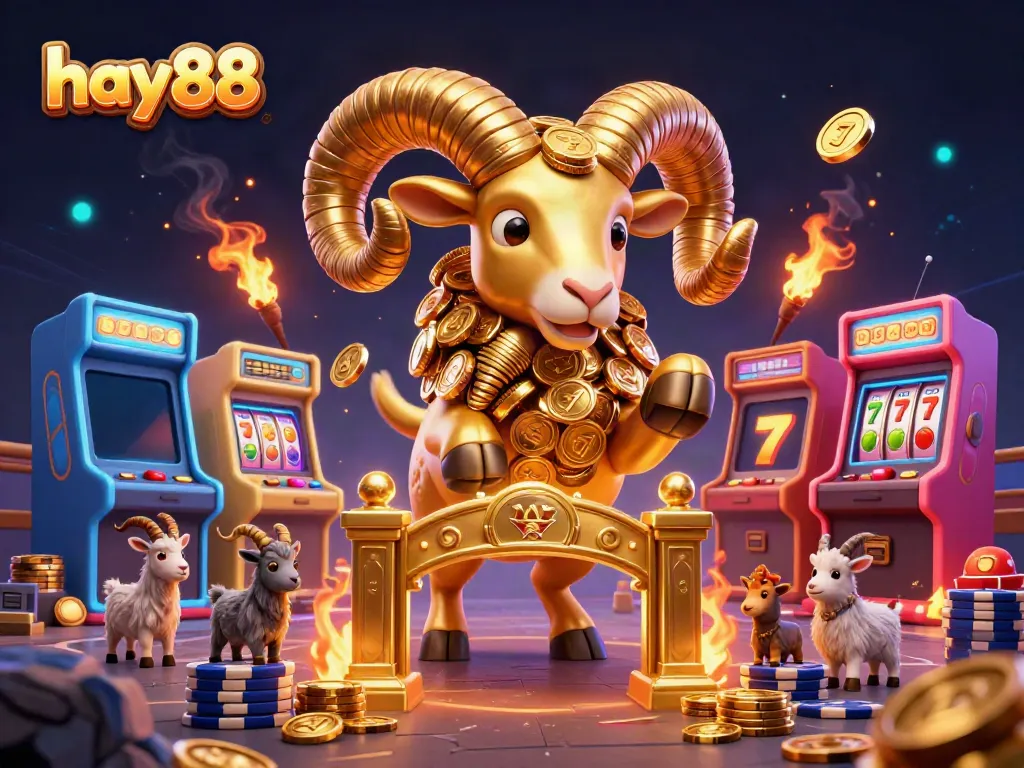 Experience the excitement of hay88 with a golden ram charging through a vibrant casino scene.