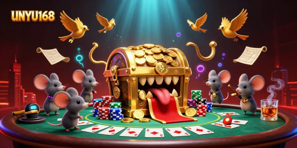 Gambar menggoda UNYU168 dengan peti harta karun, poker, dan suasana kasino yang menarik.