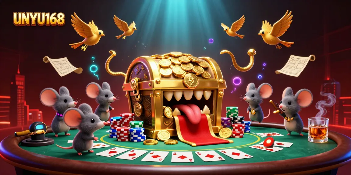 Gambar menggoda UNYU168 dengan peti harta karun, poker, dan suasana kasino yang menarik.