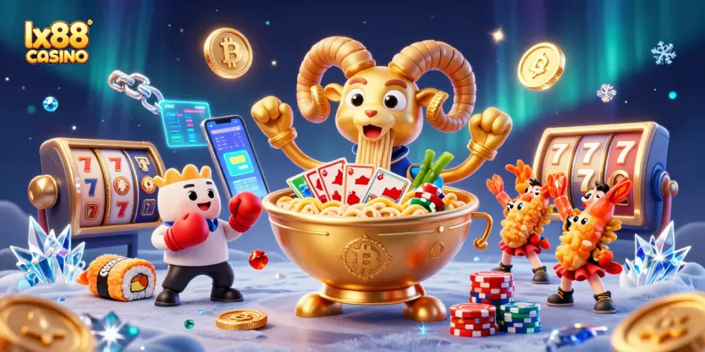 Engage in fun with lx88 casino's vibrant 3D scene filled with animated characters and gaming elements.