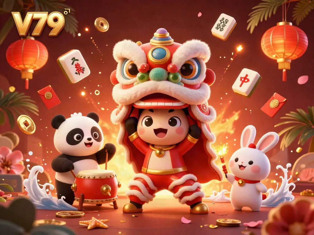 Enjoy the vibrant V79 lion dance scene filled with engaging casino elements and game symbols.