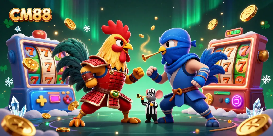 Engage with the thrilling showdown of cm88's samurai and ninja roosters in a vibrant casino scene.