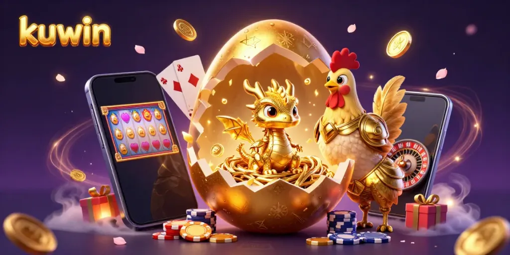 Experience the thrilling world of kuwin with a golden dragon sitting atop poker chips amidst vibrant casino elements.