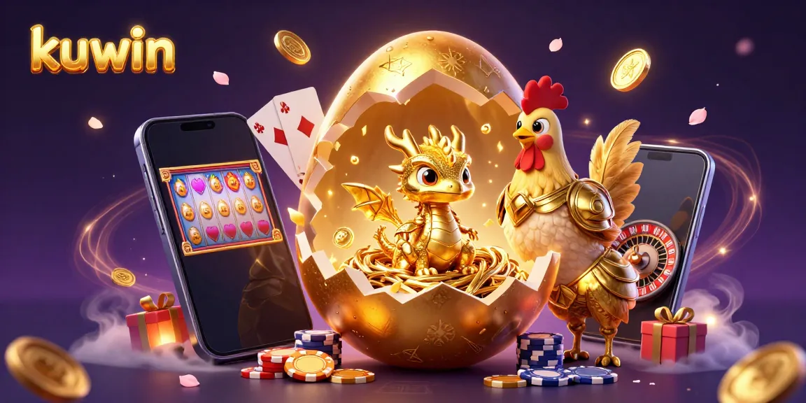 Experience the thrilling world of kuwin with a golden dragon sitting atop poker chips amidst vibrant casino elements.