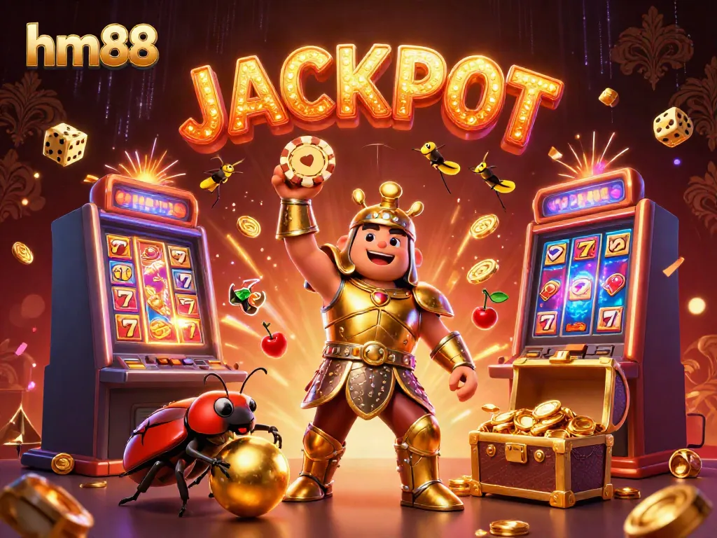 Experience the excitement of hm88 with a victorious beetle celebrating a jackpot amidst vibrant casino elements.