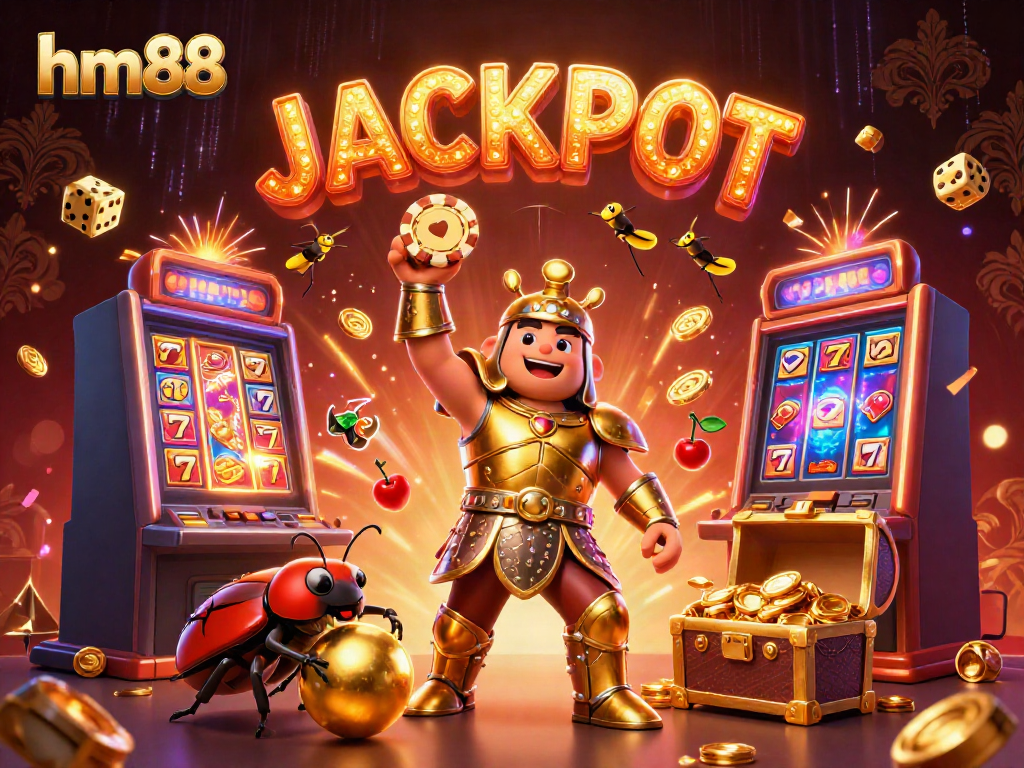 Experience the excitement of hm88 with a victorious beetle celebrating a jackpot amidst vibrant casino elements.
