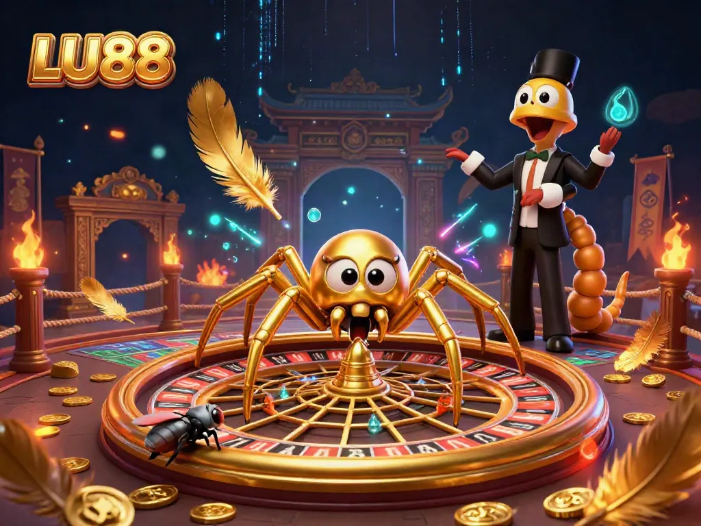 LU88 showcases a thrilling gambling atmosphere with a golden spider and centipede croupier spinning a roulette web.