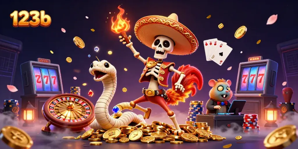 Experience the thrilling gaming world of 123b with a vibrant, casino-themed 3D illustration.