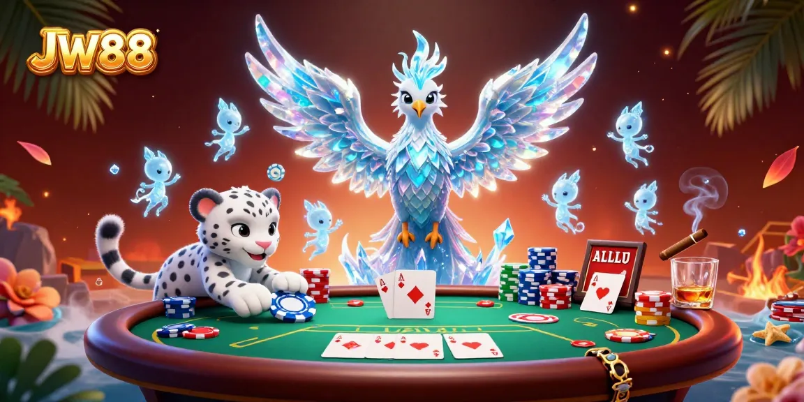 JW88 showcases an exciting gaming scene with an ice phoenix, poker elements, and vibrant colors illuminating the space.