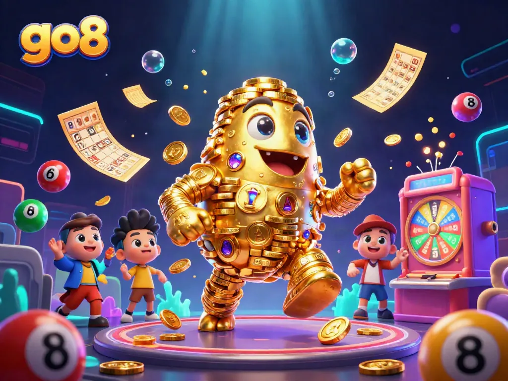 Win at go8 with vibrant colors, a golden golem, and lottery elements creating a captivating casino experience.