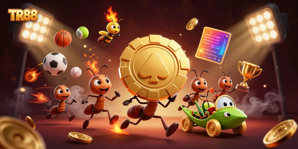 Ants on a heist with a giant poker chip in a vibrant casino context featuring TR88 branding.