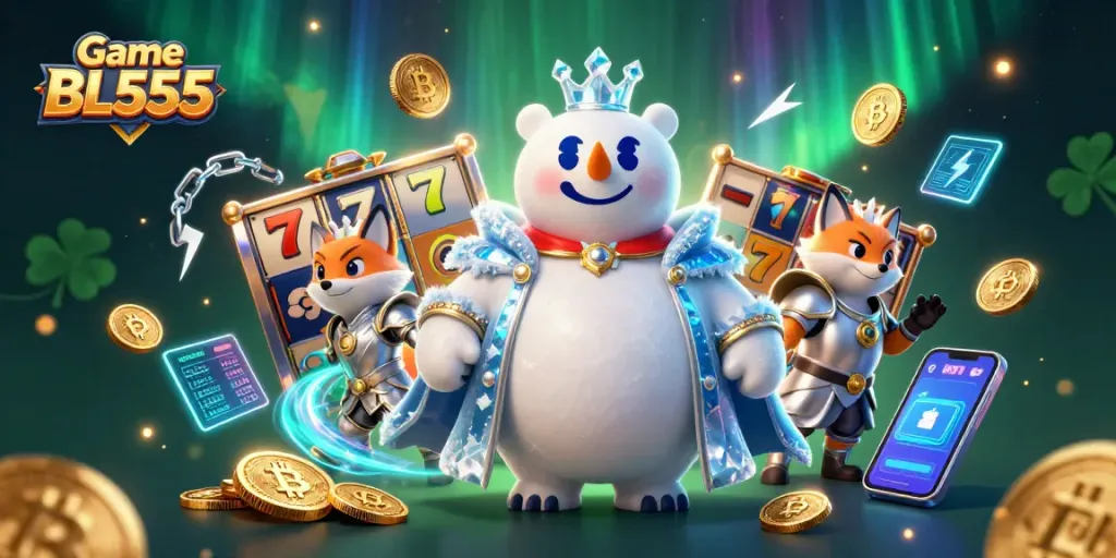 Experience Game BL555 with vibrant slots and crypto elements in a 3D casino scene.