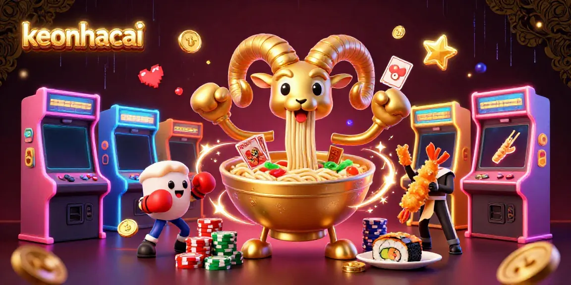 Engage with keonhacai through a lively casino scene featuring a giant ramen bowl dealer and animated game elements.