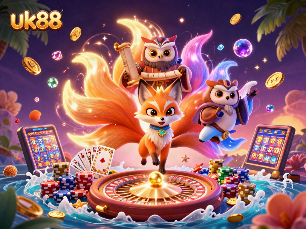 Play slots and win big with uk88 featuring vibrant 3D characters and dynamic casino elements.