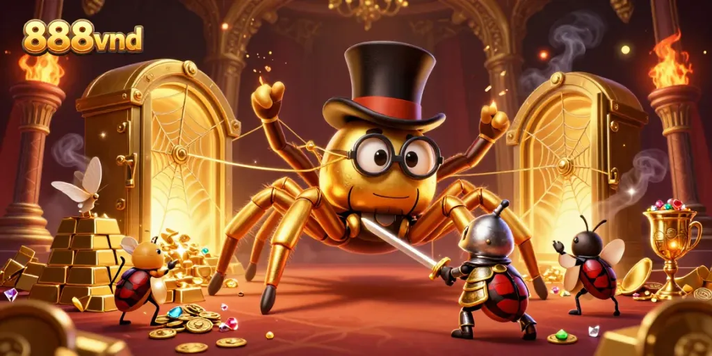Engage with thrilling moments at 888vnd, where a brave beetle knight approaches treasures guarded by a golden tarantula.