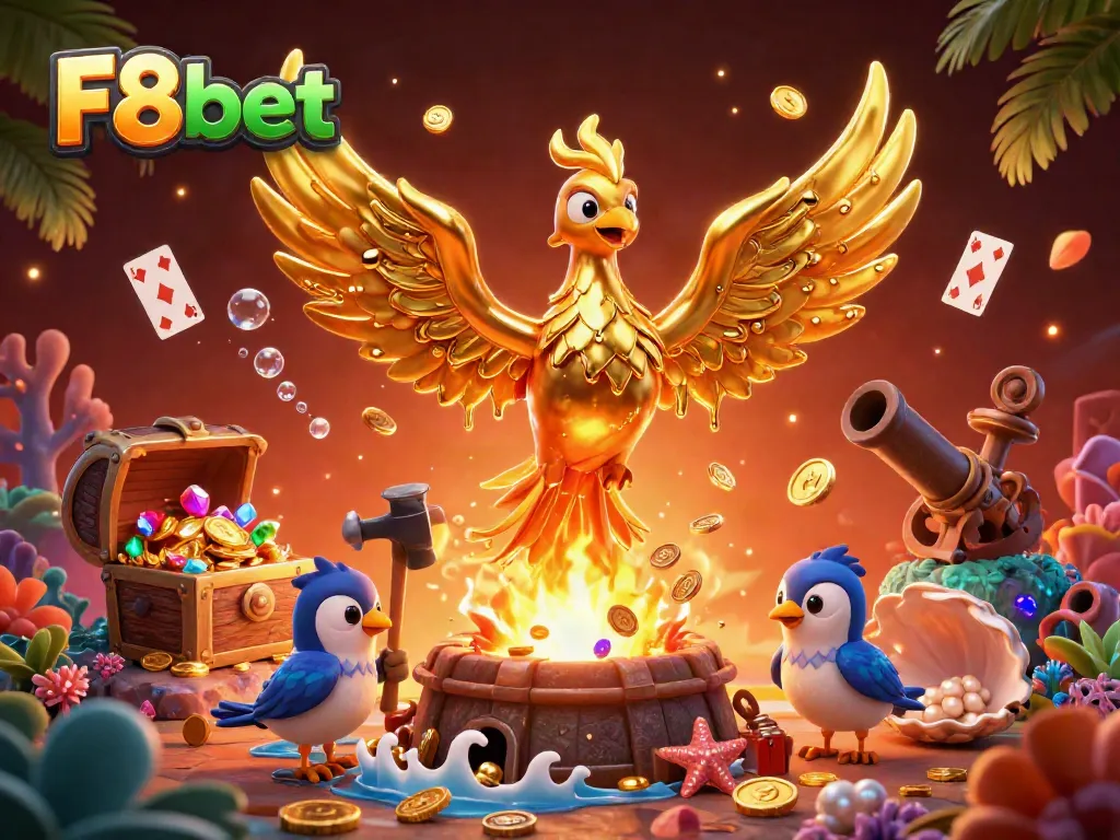Experience thrilling gaming action with F8bet's dynamic casino scene featuring a molten phoenix.
