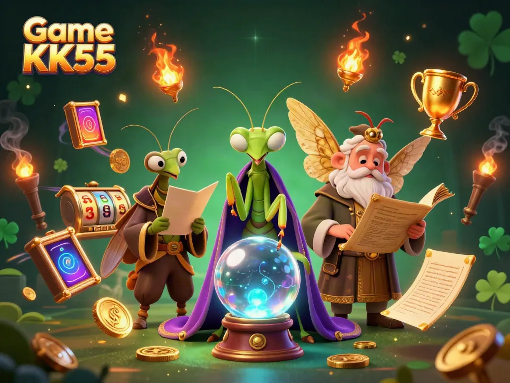 Engage in Game KK55 with vibrant illustrations of a fortune teller and librarian amid energetic casino elements.