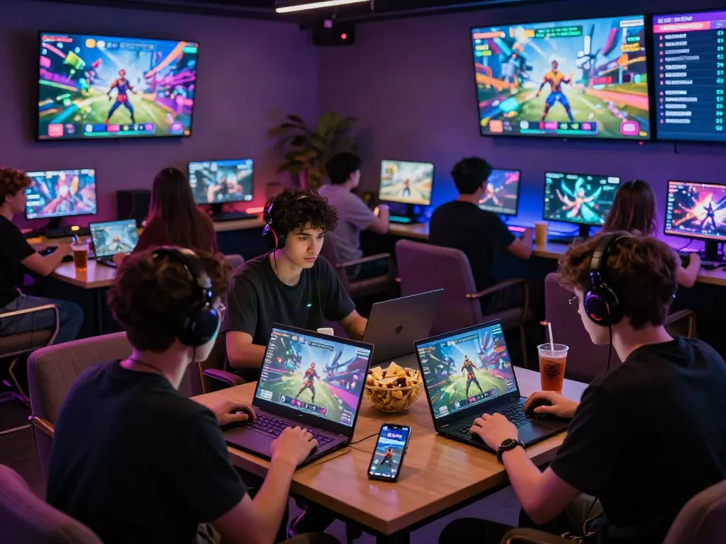Players enjoying the thrilling lumbung88 online gaming experience in a vibrant digital lounge.