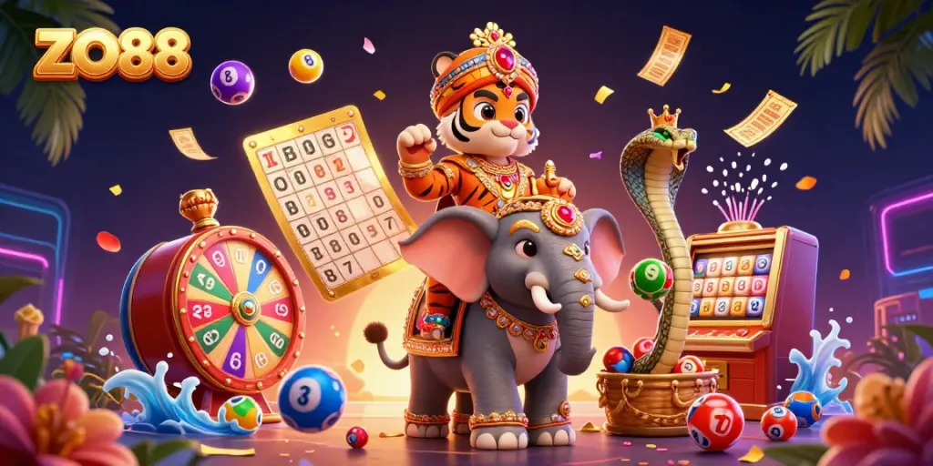 ZO88 offers an exciting online gambling experience with a vibrant, colorful casino scene featuring dynamic lottery elements.