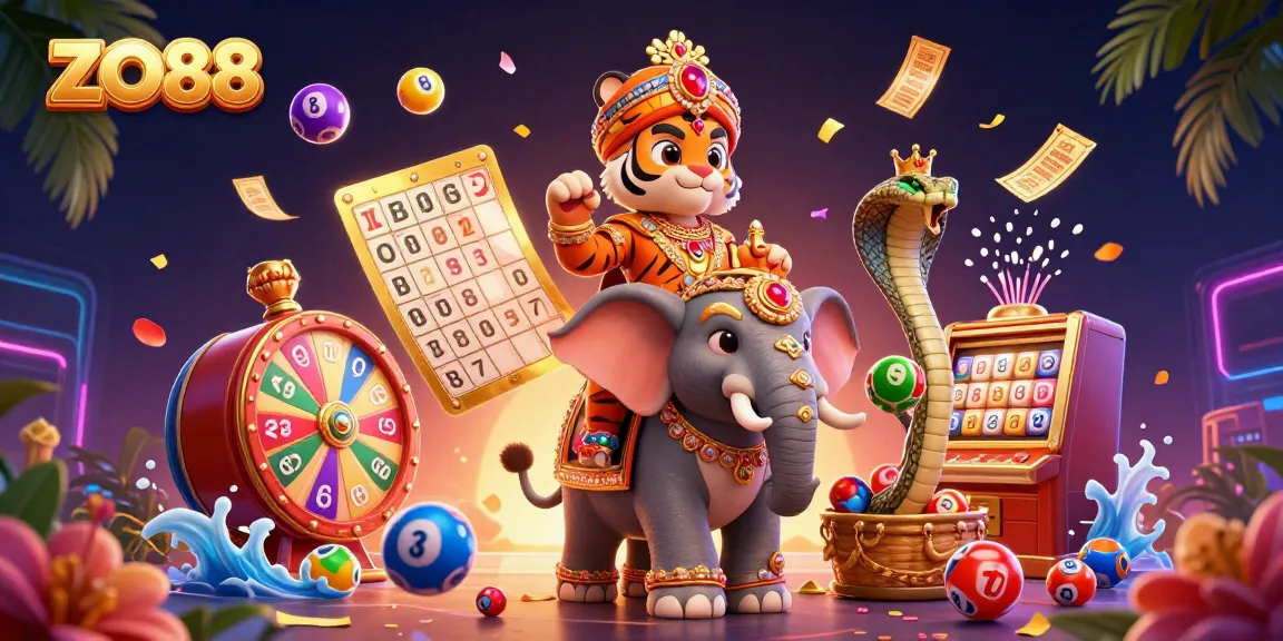 ZO88 offers an exciting online gambling experience with a vibrant, colorful casino scene featuring dynamic lottery elements.