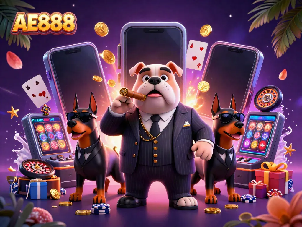 Spin to win at AE888 with a mafia boss and his bodyguards enjoying colorful slot games and casino excitement.