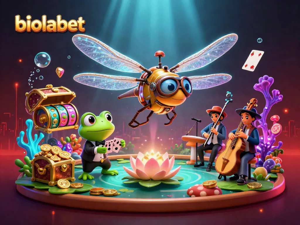 Experience biolabet's vibrant gaming scene with a 3D dragonfly and frog dealer orchestrating an underwater casino adventure.