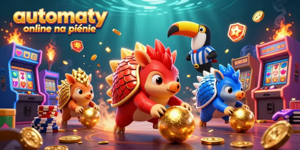 Experience automaty online na pieniądze in this vibrant 3D scene filled with animated pangolins, slot machines, and golden coins.
