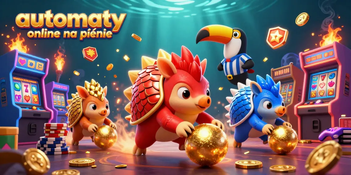 Experience automaty online na pieniądze in this vibrant 3D scene filled with animated pangolins, slot machines, and golden coins.