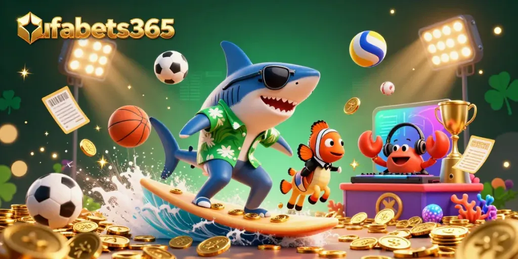Surfing shark from ufabets365 rides a wave of coins with vibrant sports elements surrounding him.