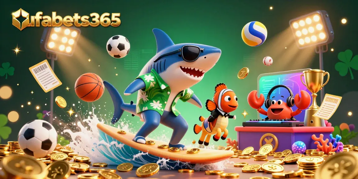 Surfing shark from ufabets365 rides a wave of coins with vibrant sports elements surrounding him.