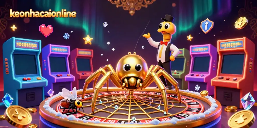 Engage with keonhacaionline's vibrant 3D casino visualization featuring a golden web roulette scene.