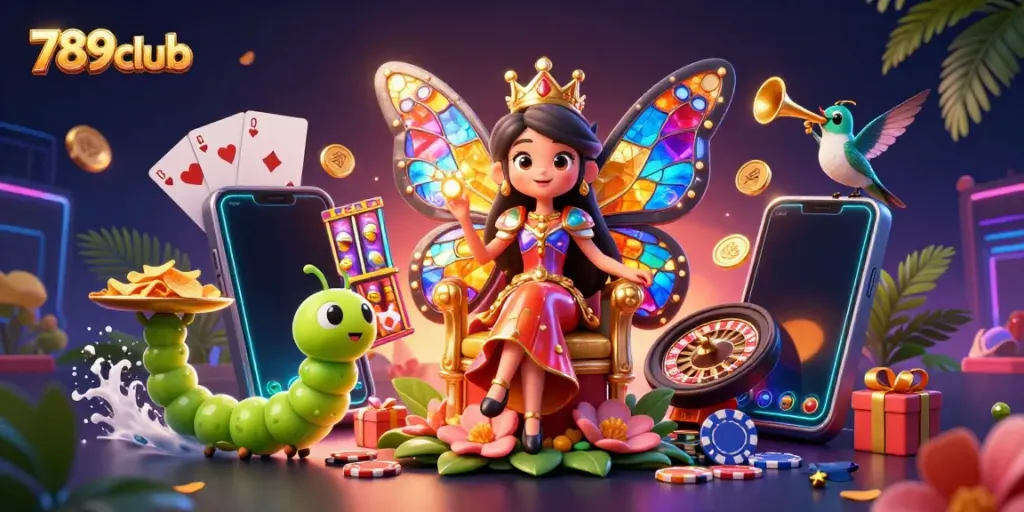 Engage with thrilling 789club gameplay featuring a vibrant butterfly queen and gaming elements in a lively scene.