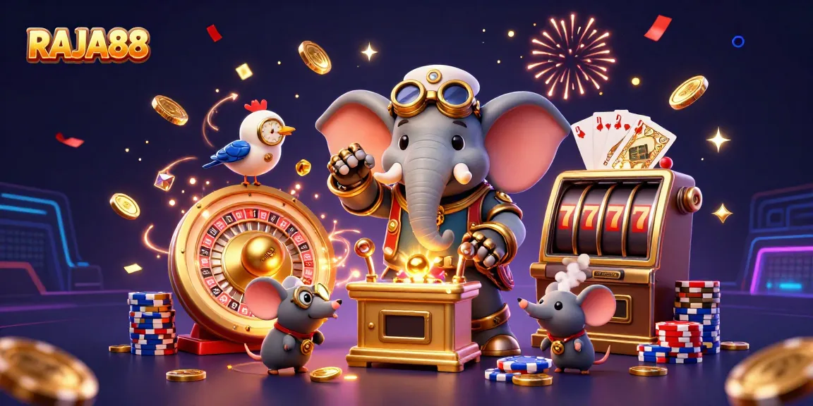 Experience RAJA88's enchanting steampunk casino world with an elephant engineer and dazzling slot machine action.