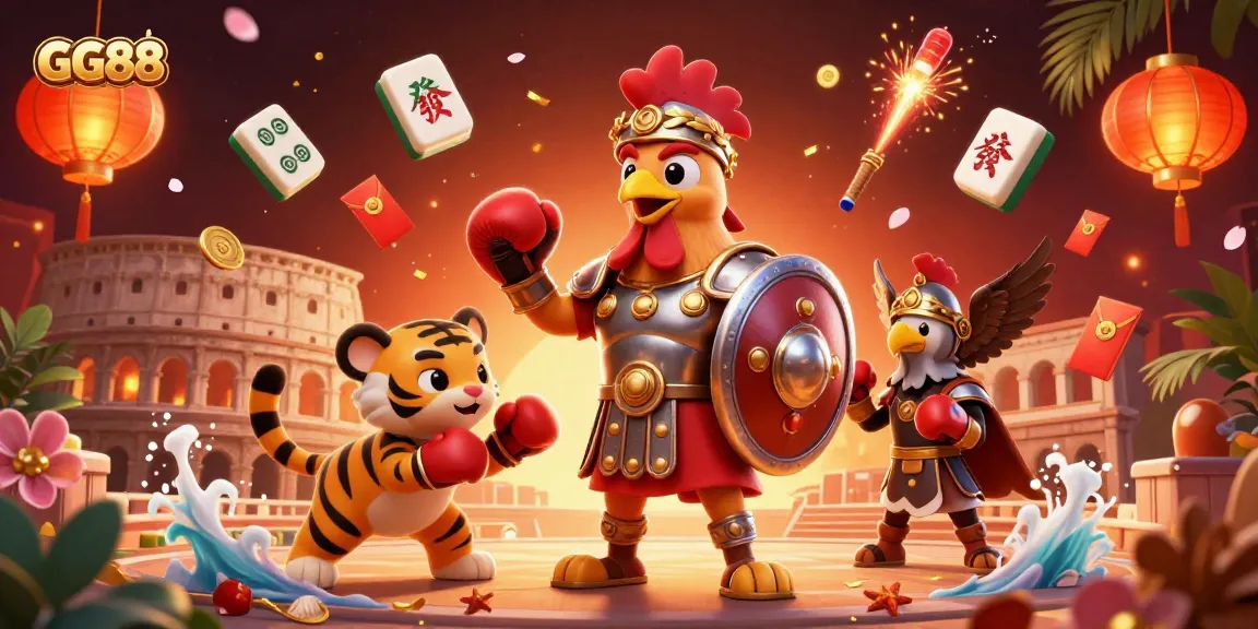 Engage with GG88 in a vibrant gambling scene featuring gladiators and festive elements.