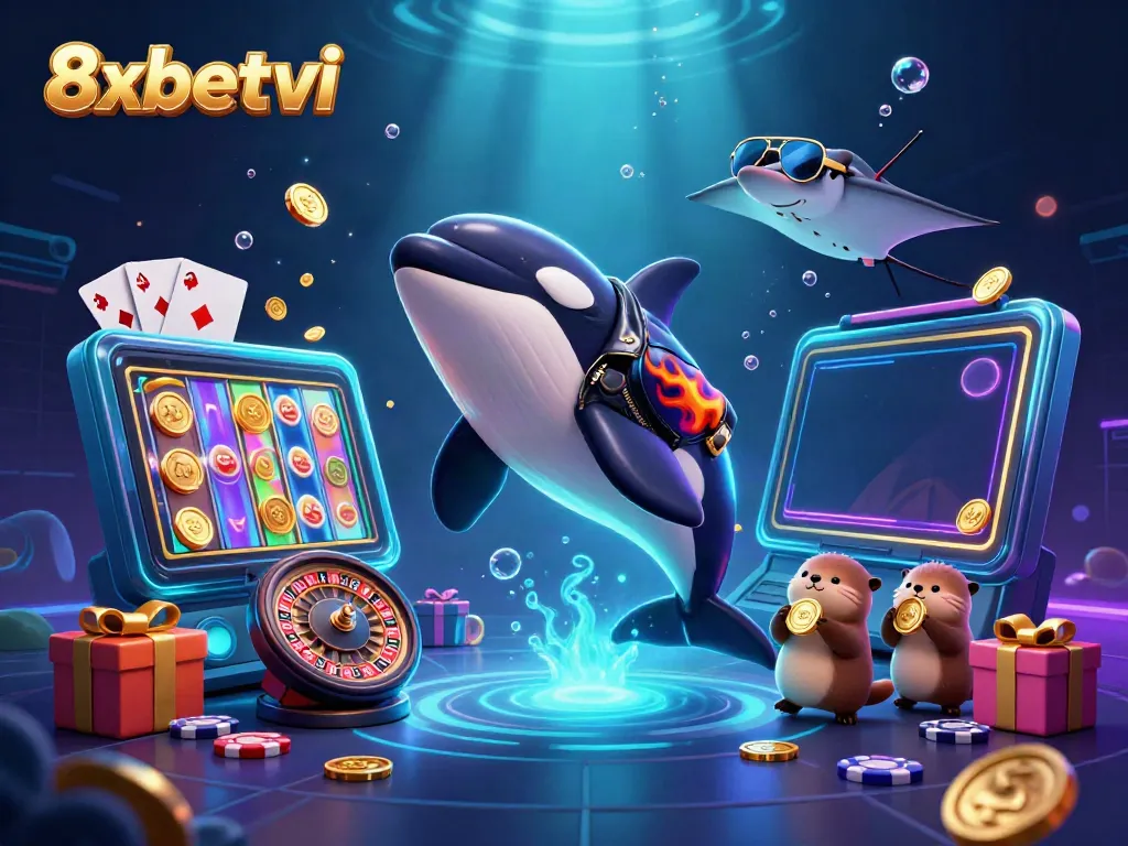 Experience the thrilling adventure at 8xbetvi with an orca whale and sea otters in a vibrant casino scene.