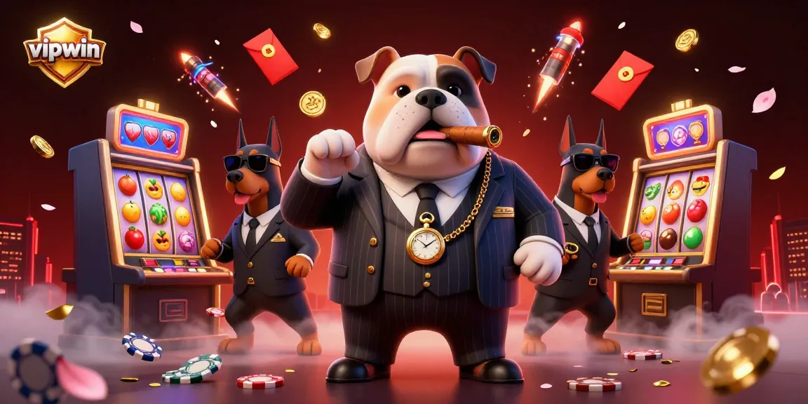 Engage with vipwin at this dynamic casino scene featuring a mafia boss and gaming elements.