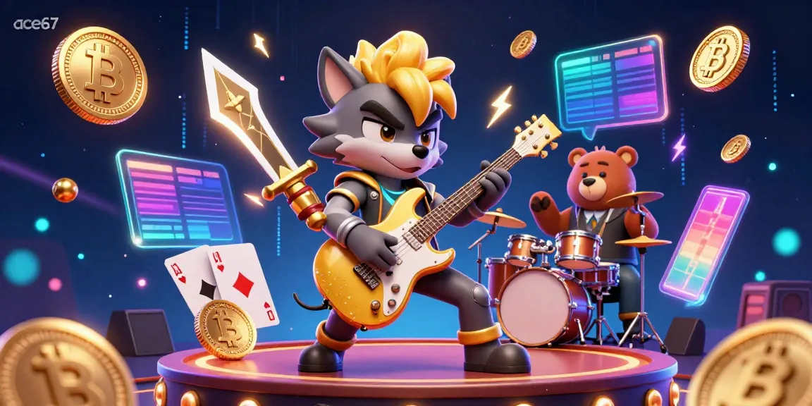 Experience the excitement of ace67 with a 3D cartoon rock star wolf playing guitar and a drummer bear, set against a vibrant casino backdrop.