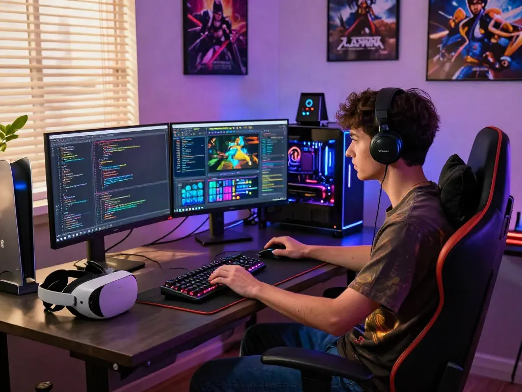 Dynamic workspace for gaming and coding enthusiasts featuring istana404 displays and vibrant atmosphere.