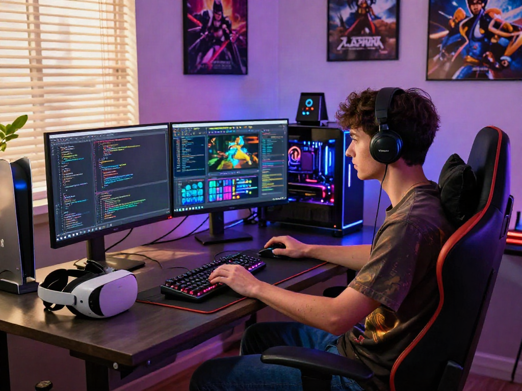 Dynamic workspace for gaming and coding enthusiasts featuring istana404 displays and vibrant atmosphere.