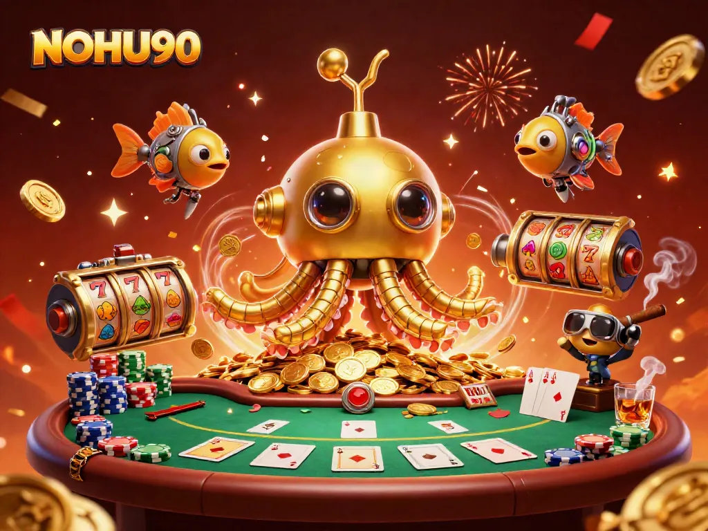 Experience thrilling slots at NOHU90 with a rich scene featuring themed elements and vibrant colors.