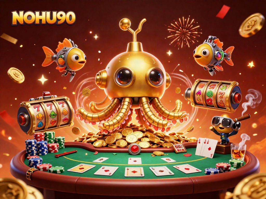 Experience thrilling slots at NOHU90 with a rich scene featuring themed elements and vibrant colors.