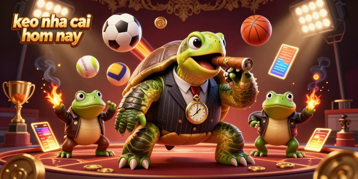 Bet on keo nha cai hom nay, featuring a massive snapping turtle in a pinstripe suit and bullfrog enforcers with dynamic sports elements.